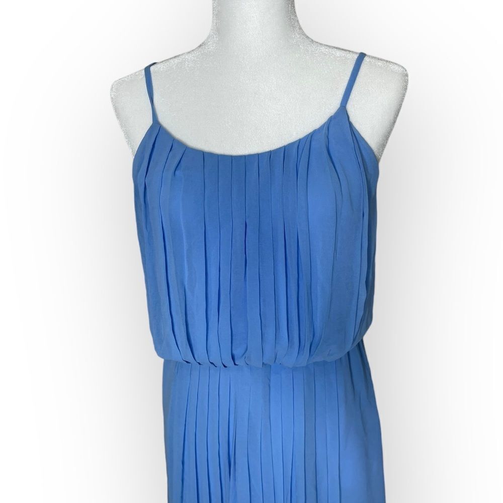 SANDRO Blue and White Scoop Neck Pleated Midi Length Dress Size Small - Picture 5 of 11